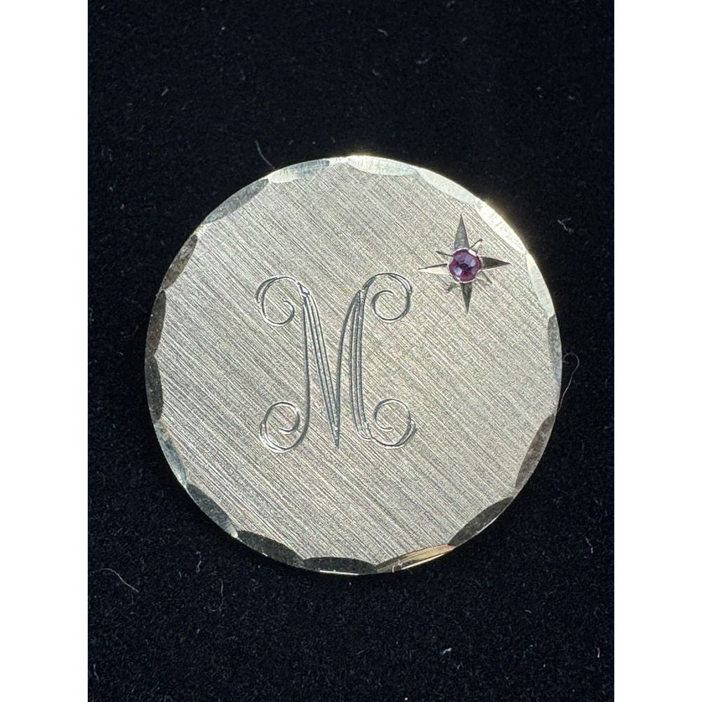 Vintage Circular Gold Tone Monogrammed Letter M Circle pin with faux ruby